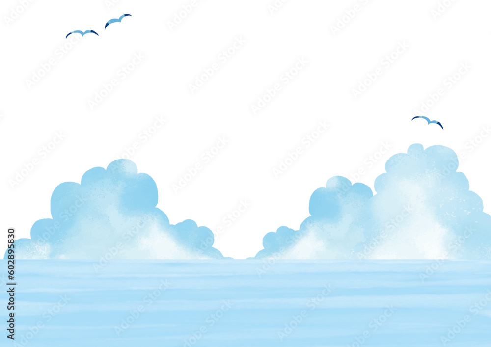 水彩タッチ　海とカモメと入道雲ののんびり風景フレーム