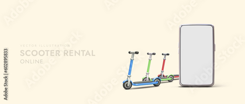 Scooter rental for adults and teenagers. Rent scooters online. Vehicles for active family recreation on weekends. Temporary use. Order rental by phone. Modern advertising with 3D figurines