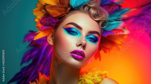 Fashion portrait of model with creative vibrant color make-up. Generative AI © piai