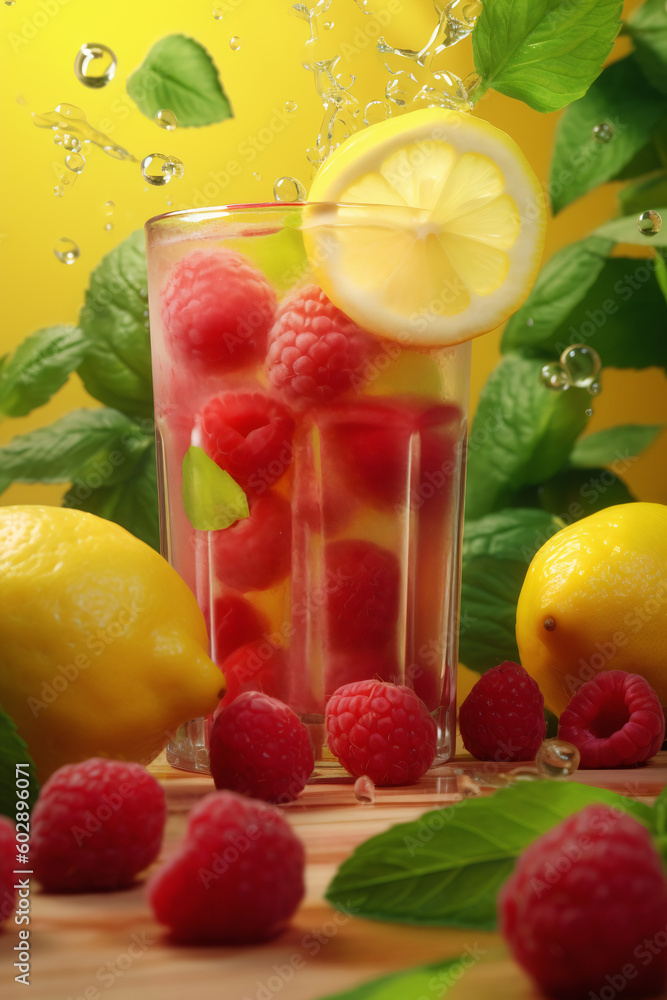 Raspberry lemonade in a glass, red drink with raspberries basil and lemon, Generative AI Raspberry lemonade in a glass, red drink with raspberries basil and lemon, Generative AI