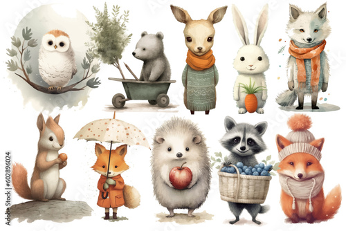 Watercolor set of Cute Baby a wolf and a deer with a scarf, a bear with a garden wheelbarrow, a squirrel with a nut, a hedgehog with an apple, a raccoon with a basket, a fox with an umbrella © Mark