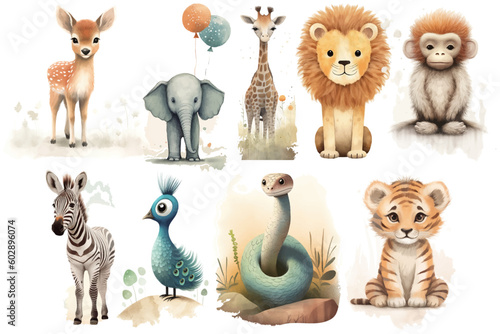 Watercolor set of Cute Baby monkey, tiger, zebra, giraffe, lion, elephant, snake, deer and peacock Safari Animals. Cartoon animal for decoration design. Cute animals vector set. Hand-drawn watercolor