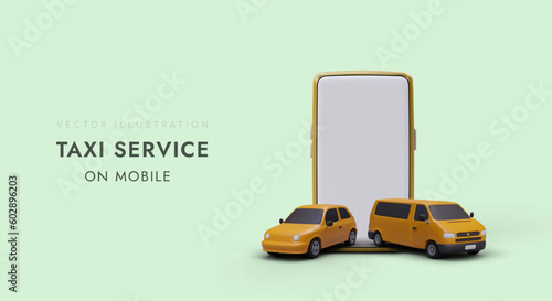 Online ordering taxi vehicles. Cars for different numbers of passengers. Convenient phone application for taxi services. Advertising of modern transportation