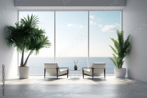 wall wood empty window interior indoor floor chair plant design home. Generative AI.