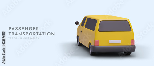 Passenger transportation, vector illustration. Roomy, comfortable car for traveling over various distances. Realistic image of car from behind. Advertising template on blue background, place for text