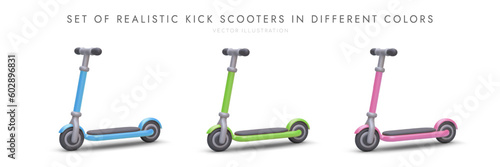 Set of 3D colored scooters. Realistic image of personal transport for adults and children. Images for advertising healthy lifestyle, caring for environment