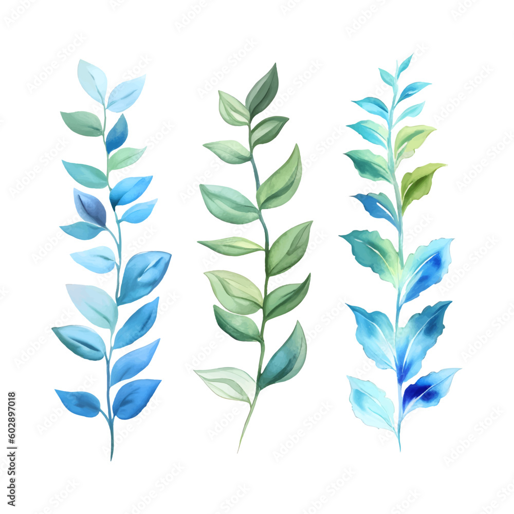 Watercolor floral set of green and blue leaves, greenery, branches, twigs. Cut out illustration on transparent vector background. Watercolour clipart drawing.