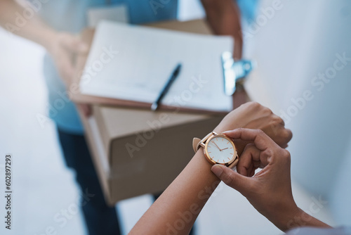 Quadro em tela Watch, late and delivery with a customer checking the time for service delivery of a courier company