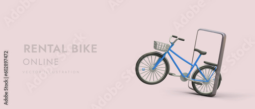 Bike rental online. App for selecting bicycle of optimal size and design. Rental of personal vehicles via Internet. Ordering cycle rental from another city. Poster with advertising 3D illustration