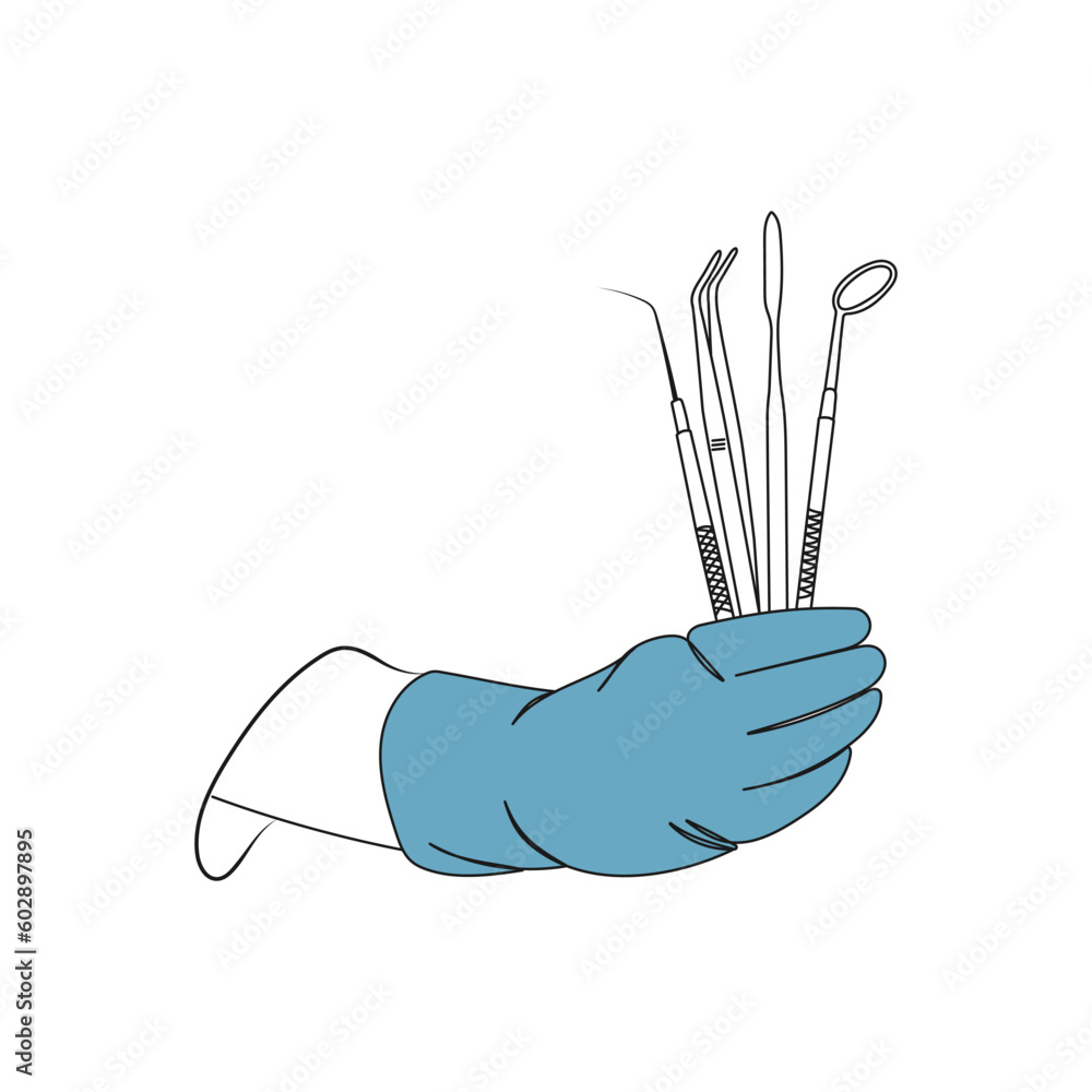 Hand of a dentist in blue gloves that hold dental tools. Line art. Dental health care. Stomatology concept. Vector illustration. Hand of a dentist in blue gloves that hold dental tools. Line art. Dental health care. Stomatology concept. Vector illustration.