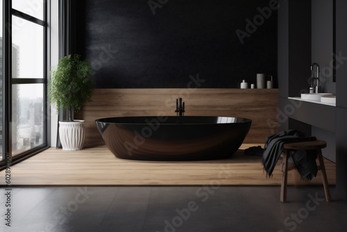 furniture bathroom home contemporary interior wood modern bathtub black luxury design. Generative AI.