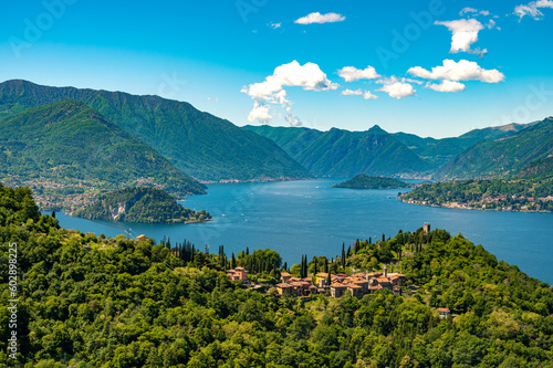 Lake Como  Photographed by Perledo  showing Varenna  Bellagio  Castello di Vezio  and Punta Balbianello  on a spring day. 
