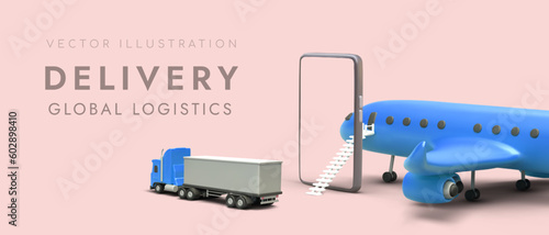 Delivery global logistics. Cargo transportation chain, change of vehicles. Different types of shipment. Services for delivery of oversized goods. Advertising template with 3D figurines. Order by phone