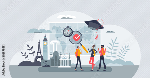 Study abroad and international education for learning tiny person concept. Travel to Europe university for graduation and diploma vector illustration. Academic wisdom and global teaching experience.