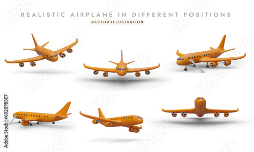 Set of realistic images of aircraft in different positions. Orange 3D plane from above, side, below. Air vehicle during landing, takeoff, flight. Plane with stairs is waiting for passengers