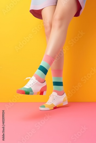 A young woman stands in studio, one leg raised against a bright yellow backdrop. She wears pastel footwear shoes and socks to complete the look. Generated AI.