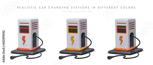 Realistic car charging stations in different colors. Isolated 3D drawings with shadows. Bright illustrations about maintenance of modern vehicles. Large battery charging service