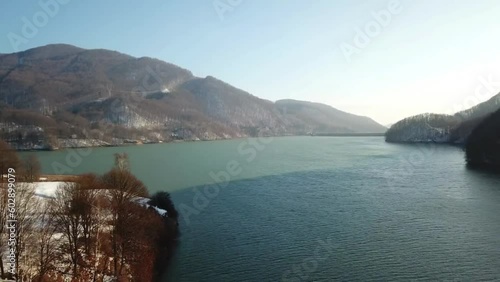 Paltinu water dam in Prahova County , Romania , winter landscape , aerial drone footage photo