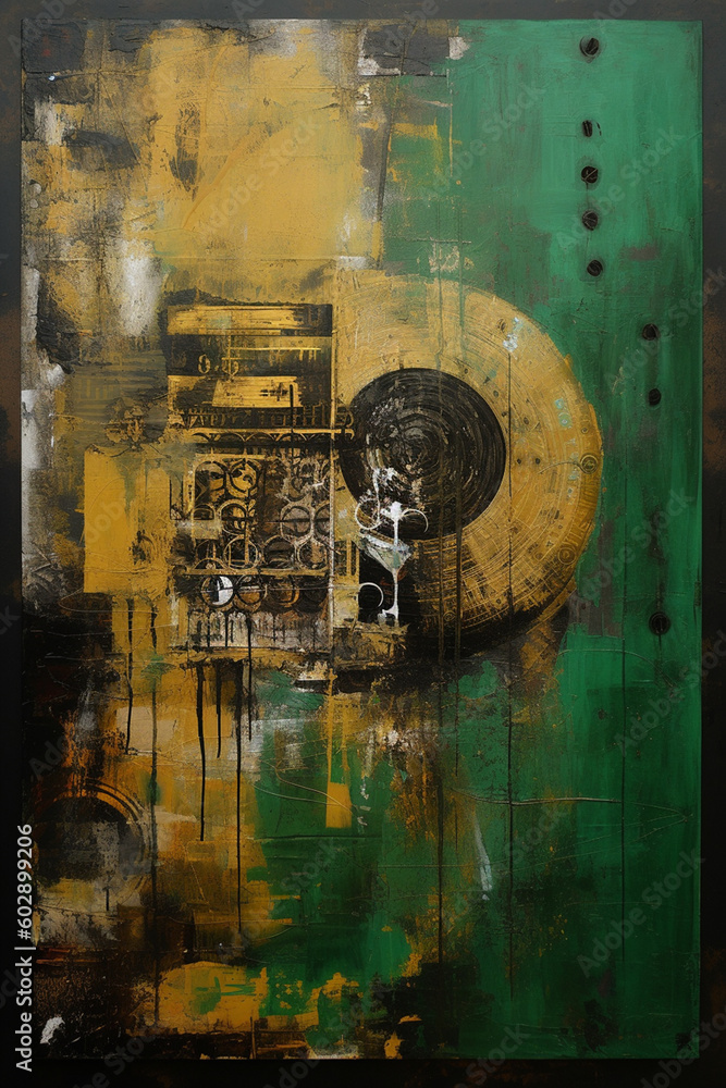 Industrial Elegance A Captivating Fusion of Collages, Paint, and Green-Sepia Palette on a Grand Canvas AI generated Industrial Elegance A Captivating Fusion of Collages, Paint, and Green-Sepia Palette on a Grand Canvas AI generated