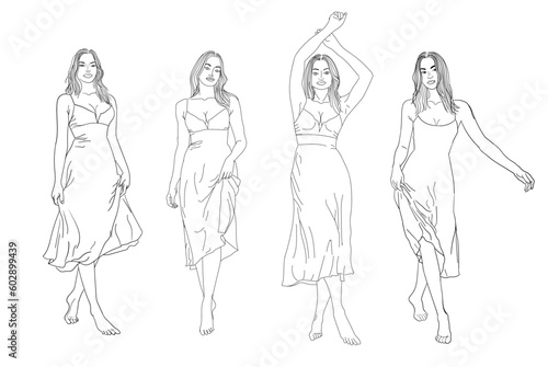 Outline sketch drawing of fashion show women, showing beautiful long dress. Lifestyle, fashion concept.
