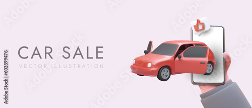 Car sale. Automobile market. New and used models. Reviews of real users. Product rating. Mobile application advertising template with 3D illustrations