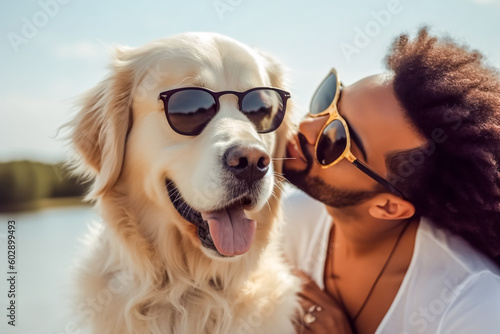 portrait Labrador and man on the beacht. Generative AI photo