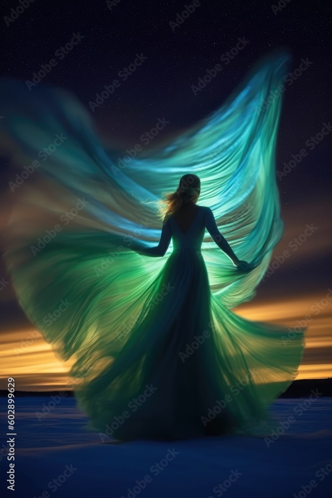A beautiful woman in motion in huge majestic dress, running across the vast expanse of a sunlit sky with aurora borealis in the back. Generated AI. A beautiful woman in motion in huge majestic dress, running across the vast expanse of a sunlit sky with aurora borealis in the back. Generated AI.