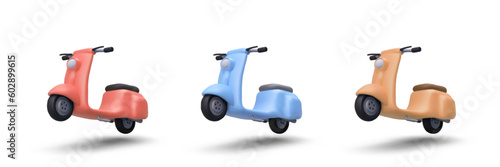 Mopeds in stopped motion. Set of colorful scooters that start sharply. Collection of vector 3D motorbikes with shadows. Isolated images of personal vehicles