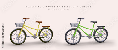 Modern bicycles in different colors. 3D bikes for country trips and city walks. Colorful cycles with shopping baskets and racks. Advertising banner for sellers, bicycle rental