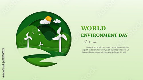 green world in circle with windmill on the grass. world environment day  june 5 concept in illustrator paper art design.