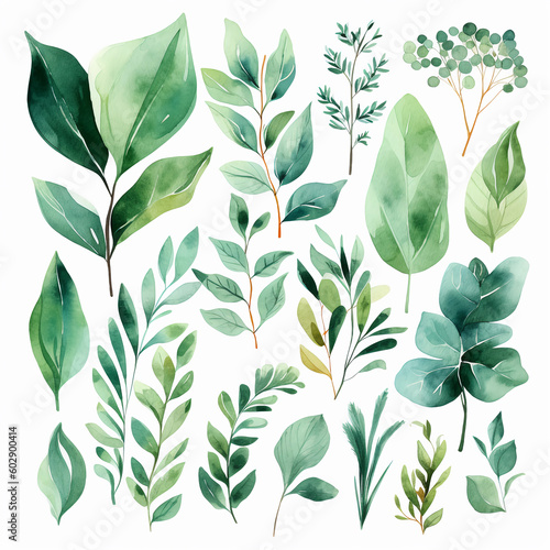 Artistic Watercolor Green Leaves Set: Greenery, Foliage, and Natural Herbs in a Decorative Watercolor Style. Perfect for Beauty Illustrations and Design Created by Generative AI