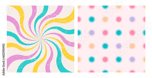 Groovy hippie retro patterns. Waves, swirl twirl