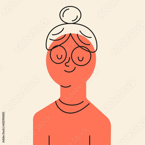 Grandmother woman elderly smiling in orange color silhouette with black outline. Flat style. Vector illustration.