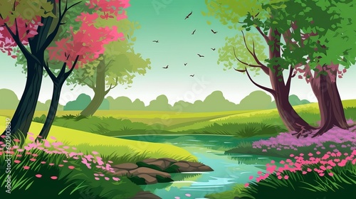 A vibrant spring scene, blooming flowers of various colors covering the ground, tall trees with fresh green leaves in the background, a gentle breeze blowing, a small stream flowing, Generative AI