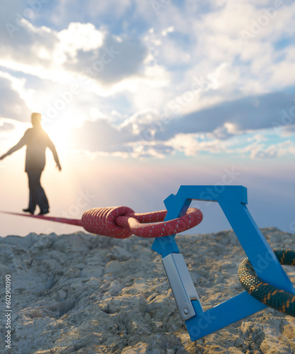 Conceptual tight rope walker on a red rope being held by a house shaped carabiner showing the dangers of buying a house 3d render photo