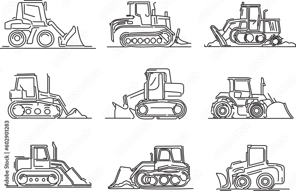 Line art vector silhouette of  Bulldozers 
