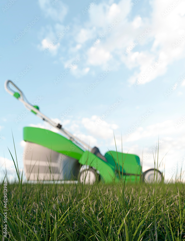 Fototapeta premium Modern electric green lawnmower in profile on a sunny blue sky day in the summer 3d render