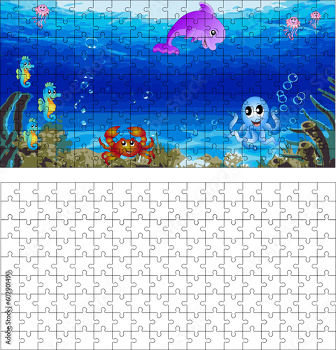 Puzzles. Seabed with dolphin, jellyfish, seahorses, crab. Cartoon. 162 pcs.
