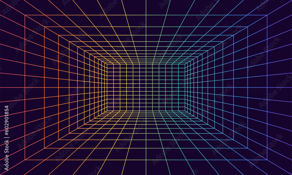 Grid room in perspective in 3d style. Indoor wireframe from rainbow laser beam, digital empty box. Abstract geometric design Grid room in perspective in 3d style. Indoor wireframe from rainbow laser beam, digital empty box. Abstract geometric design