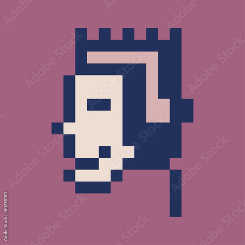 NFT avatar Pixel style Happy Crypto Guy with headphones listen music. Funny Crypto Punk. Crypto art NFT token. Male head. Character person vector illustration