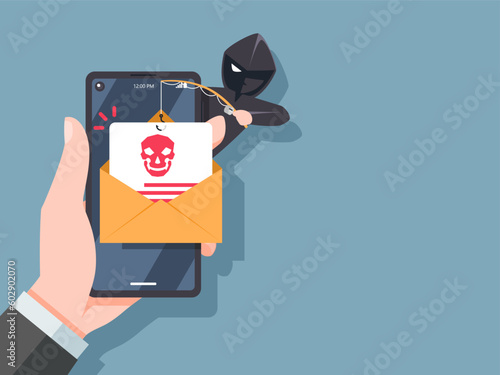 Phishing by email. hacker attacks a smartphone by message. fraud scam and steal private data on devices. vector illustration flat design for cyber security awareness concept.