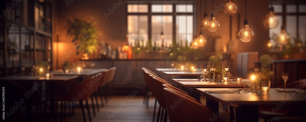 an empty brasserie waiting for guests to arrive at sunset. Generative Ai. 