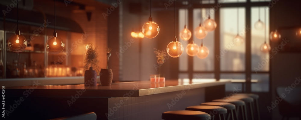 a long table in a beer bar waiting for guests to arrive. Generative Ai. a long table in a beer bar waiting for guests to arrive. Generative Ai.