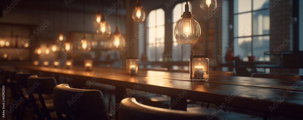 a long table of a beer bar waiting for guests to arrive. Generative Ai. a long table of a beer bar waiting for guests to arrive. Generative Ai.
