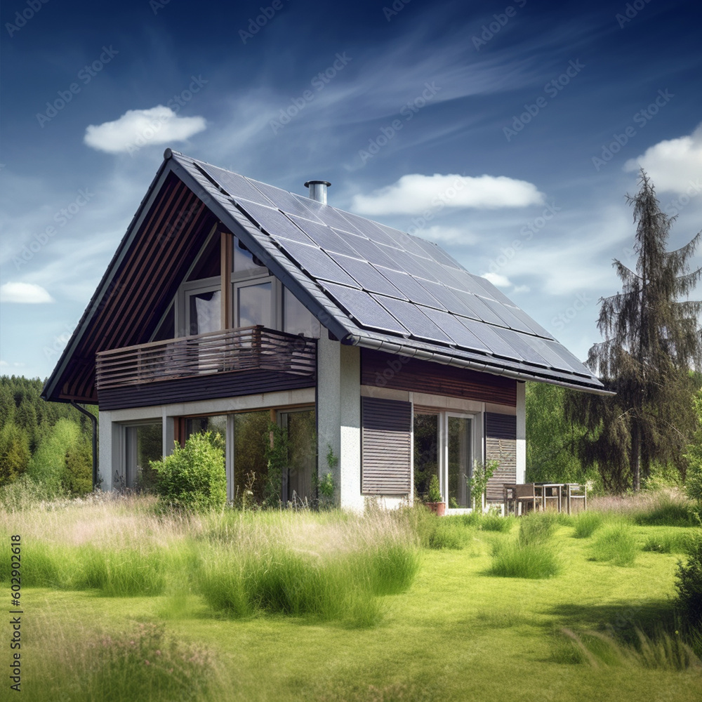 Sustainable house in the country, which provides itself with electricity from photo voltaic panels and wind turbines. Ecological house. Sustainable house in the country, which provides itself with electricity from photo voltaic panels and wind turbines. Ecological house.