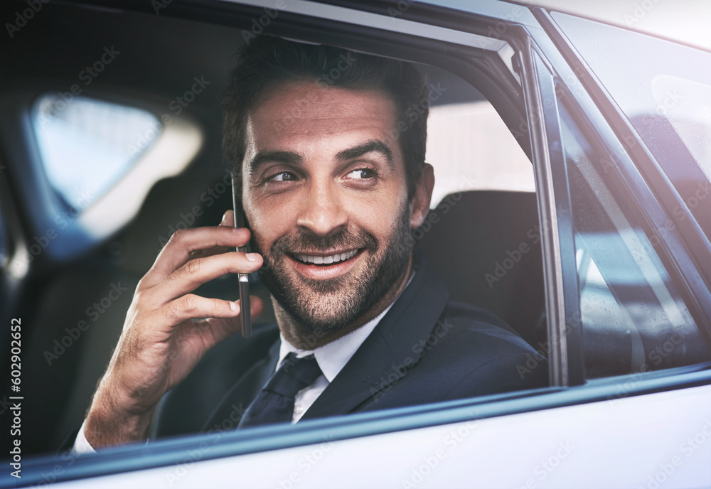 Phone call, happy and business man in car, thinking and speaking on journey. Cellphone, taxi and male professional calling, smile and communication, discussion or conversation in transport to travel.
