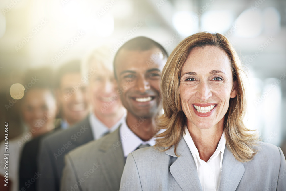 Happy business woman, portrait and team in leadership, management or diversity at the office. Face of corporate executive or diverse group smiling for teamwork, unity or company vision at workplace Happy business woman, portrait and team in leadership, management or diversity at the office. Face of corporate executive or diverse group smiling for teamwork, unity or company vision at workplace
