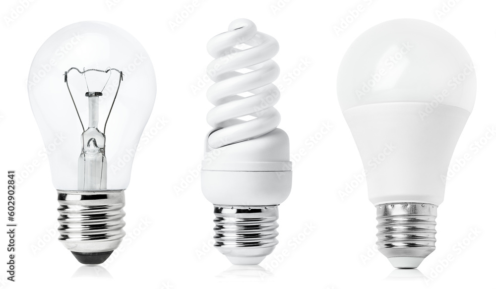 incandescent light bulb, fluorescent lamp and led light bulb on white isolated background incandescent light bulb, fluorescent lamp and led light bulb on white isolated background