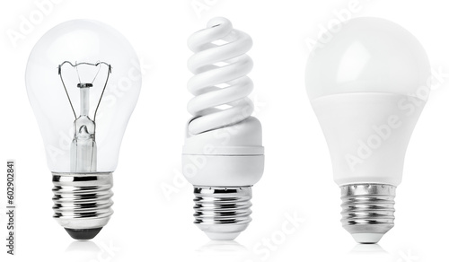 Photography incandescent light bulb, fluorescent lamp and led light bulb on white isolated b