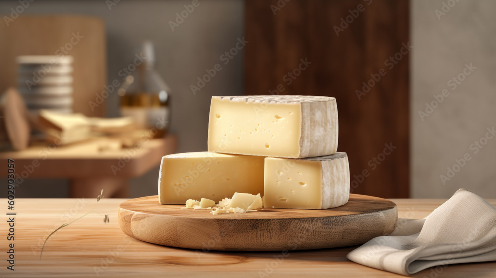 types of cheese on wooden table. Generative Ai. 